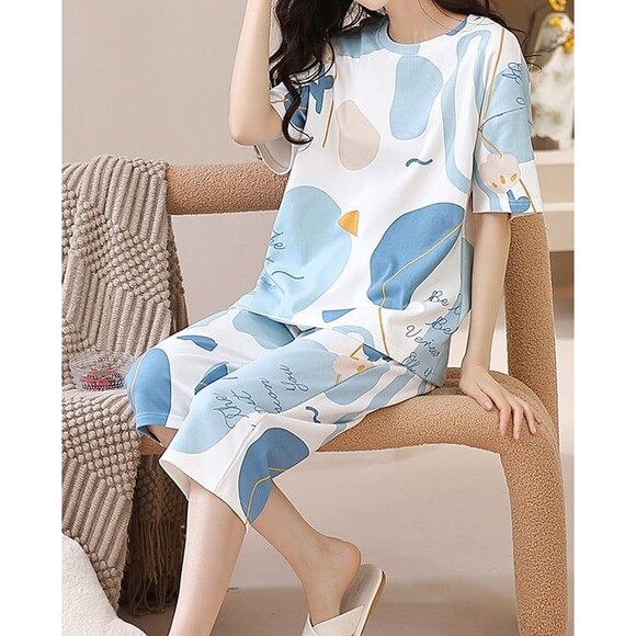 Cotton Women's Capri Pajama Set 2 Pcs Short Sleeve Top Capris pants Loungewear - Picture 7 of 9